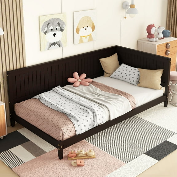 Bellemave Wood Twin Size Daybed Frame, Low Twin Bed with Headboard and Sideboard, Minimalist Floor Sofa Bed Frame for  Room Bedroom Living Room (Espresso)