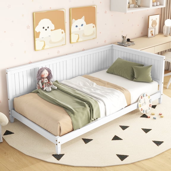 Bellemave Wood Twin Size Daybed Frame, Low Twin Bed with Headboard and Sideboard, Minimalist Floor Sofa Bed Frame for Room Bedroom Living Room (White)