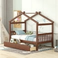 thumbnail image 1 of Bellemave Wood Twin Size House Shaped Canopy Bed, Montessori House Bed with Storage Drawers (Walnut), 1 of 9