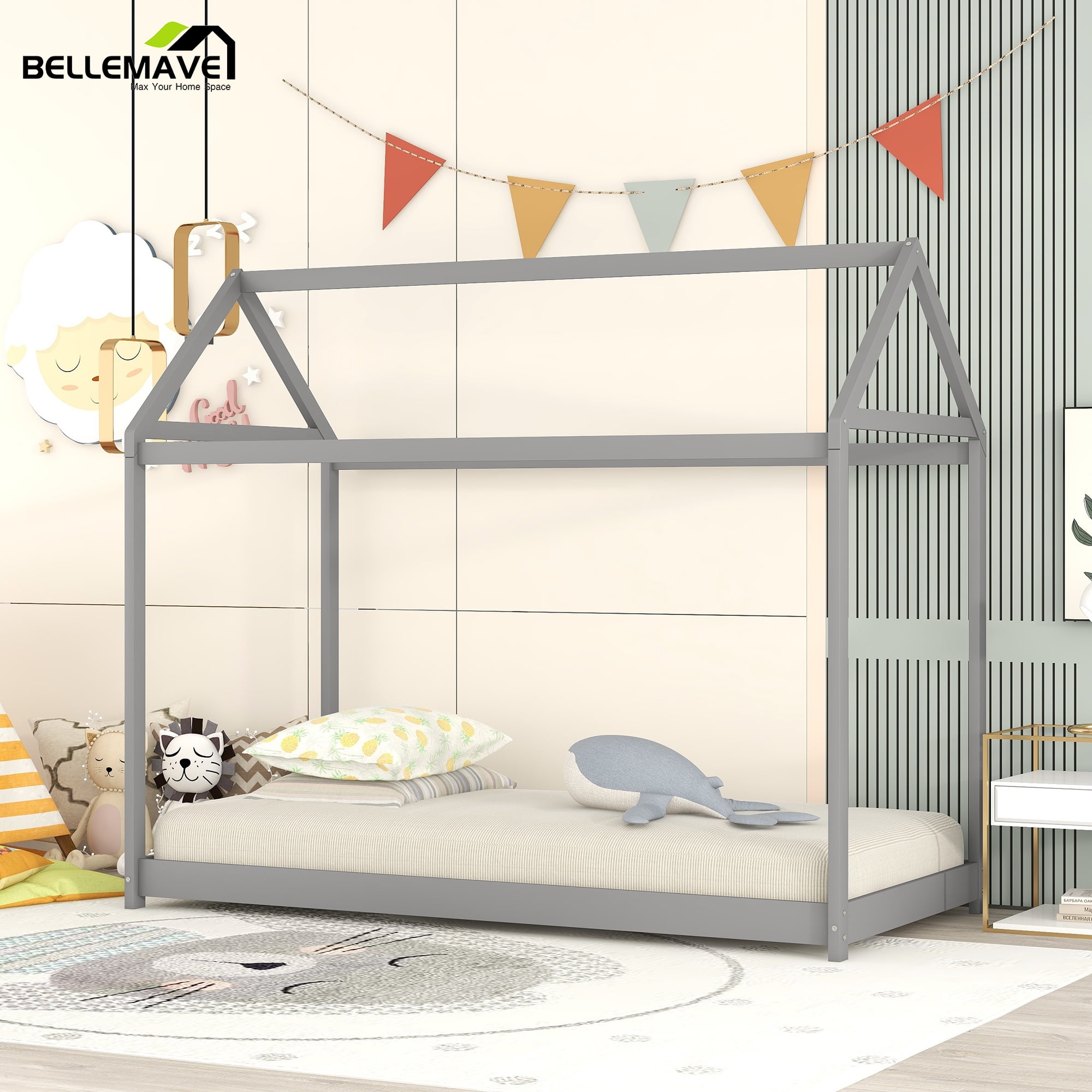 Bellemave Wood Twin Size House Bed Frame, Montessori Floor Bed, No Box Spring Needed (Gray)