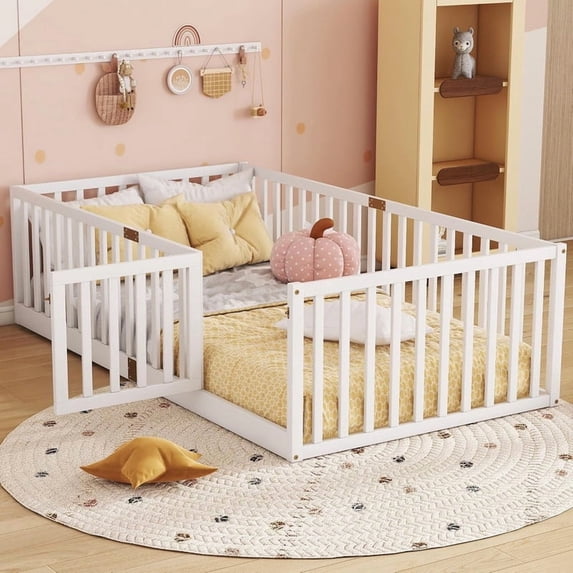 Bellemave Twin Montessori Floor Bed with High Rails & Door and Slats, Wooden Easy Assemble Twin Size Beds Frame with Guardrails, No Box Spring Needed, Gray
