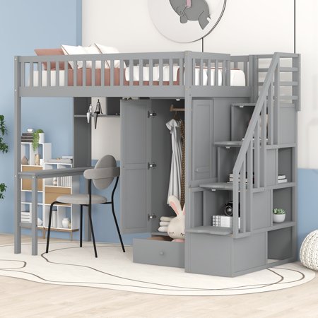 Bellemave Wood Twin Size Loft Bed Frame with Storage Wardrobe, Desk, Shelves, and Stairway for Kids, Teens (Gray)