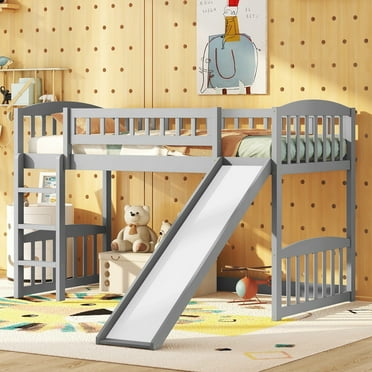 Bellemave Wood Twin Size Low Loft Bed with Slide, Kids Loft Bed Frame for Boys & Girls (Gray)