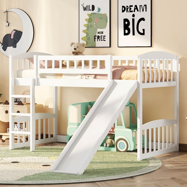 Bellemave Wood Twin Size Low Loft Bed with Slide for Toddlers & Tweens ...