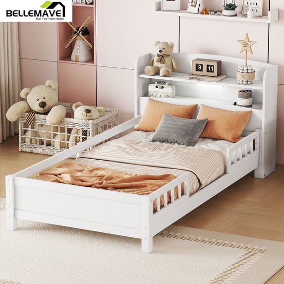 Bellemave Wood Twin Size Platform Bed with Storage Headboard and LED Light Twin Storage Bed Low Wooden Bed Frame with Full-length Guardrail and Wooden Slats for Teens, White