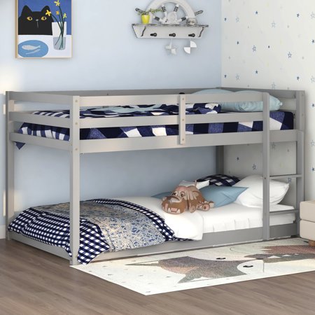 Bellemave Wood Twin over Twin Bunk Bed Frame, Low Bunk Bed with Ladder and Guard Rails for Toddler, Boys & Girls, No Box Spring Needed (Gray)