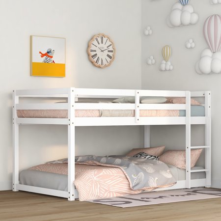 Bellemave Wood Twin over Twin Bunk Bed Frame, Low Bunk Bed with Ladder and Guard Rails for Toddler, Boys & Girls, No Box Spring Needed (White)