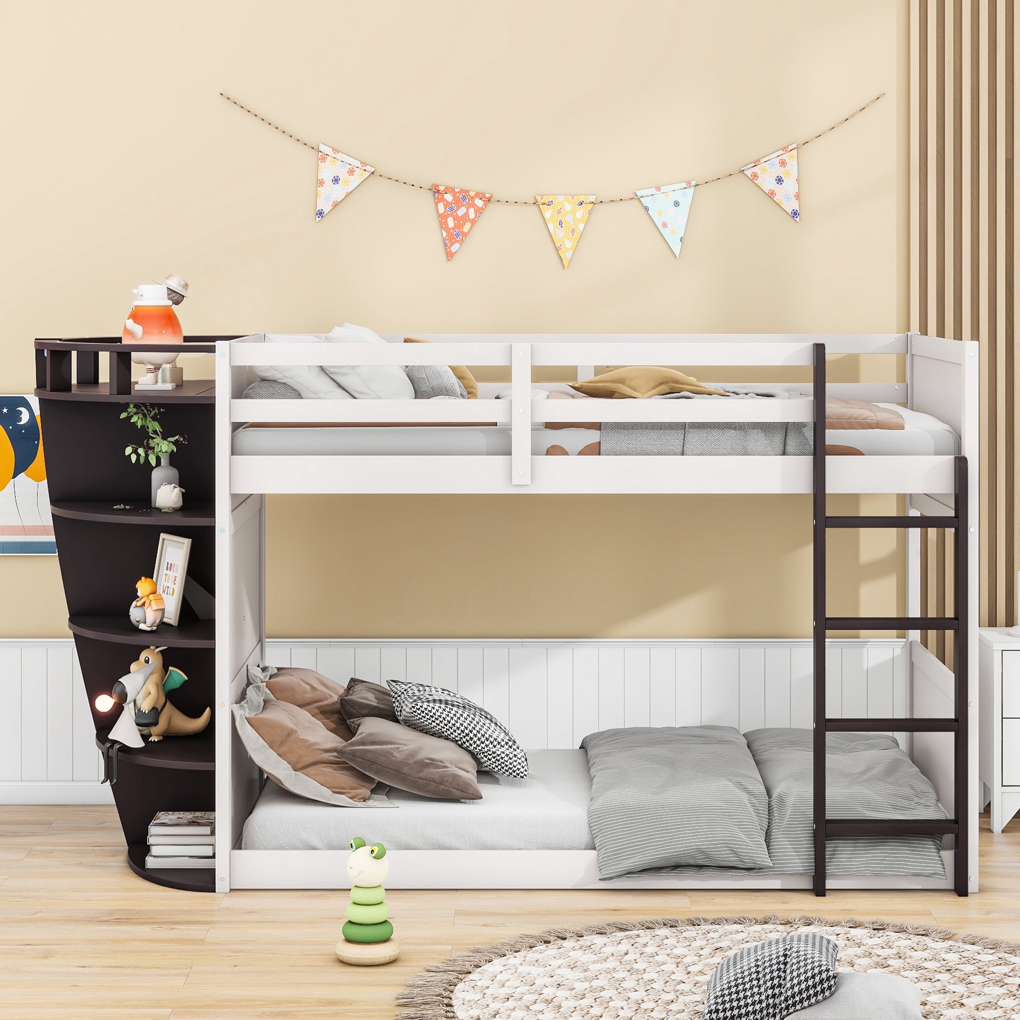 Bellemave Wood Twin over Twin Bunk Bed with Storage Shelves,The Boat ...