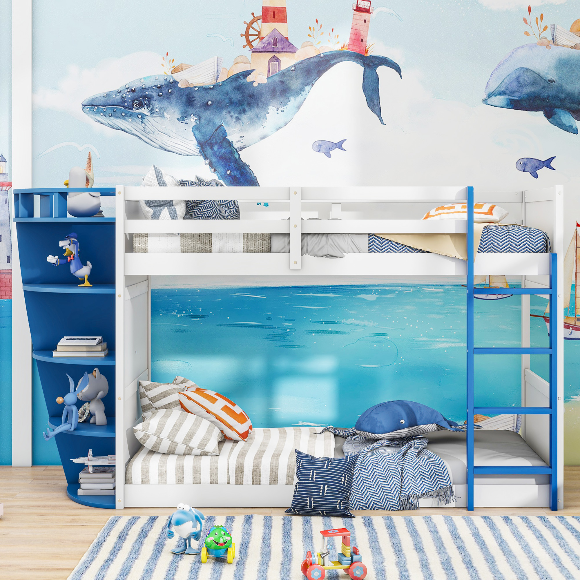 Bellemave Wood Twin over Twin Bunk Bed with Storage Shelves,The Boat ...