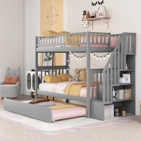 Bellemave Wood Twin over Twin Bunk Bed with Trundle, Storage Stairs - Separate into 2 Twin Beds - Modern, Space-Saving Design - Gray