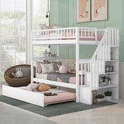 Bellemave Wood Twin over Twin Bunk Bed with Trundle, Storage Stairs - Separate into 2 Twin Beds - Modern, Space-Saving Design - White