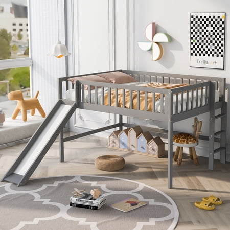Bellemave Loft Bed with Slide, Low Loft Bed with Ladder, Wood Full Size Loft Beds Frame with Guard Rails, Junior Space Saving Loft Bed Full,Gray