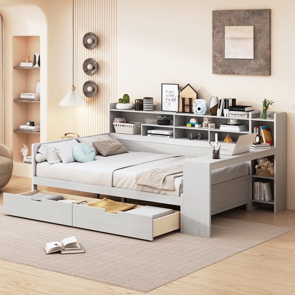 Bellemave Wooden Full Size Daybed with Storage Shelves and Study Desk,Multi-functional Daybed with 2 Drawers for Teens ,Maximize Space for Office Living Room Bedroom(AntiqueWhite)