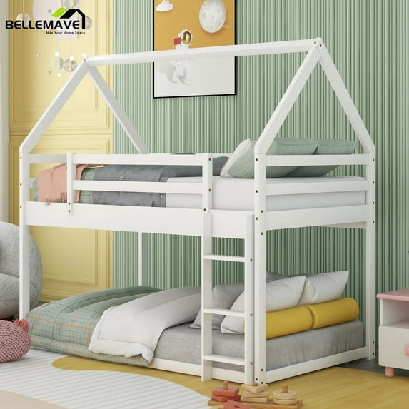 Bellemave Wooden House Bunk Bed, Twin Over Twin Low Bunk Bed with Ladder, Floor Bunk Bed for Teen Bedroom (White)