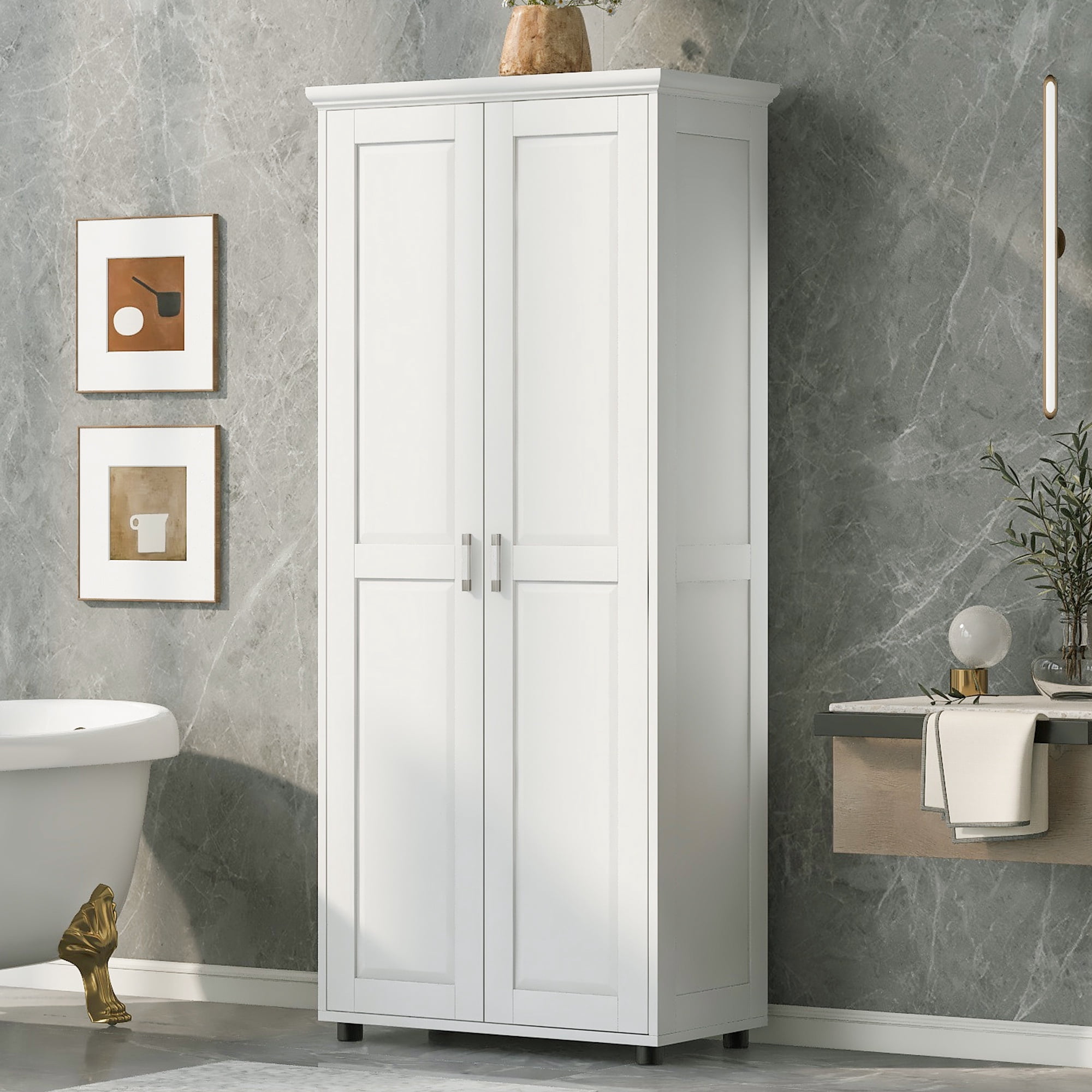 Bellemave Wooden Storage Cabinet with Two Doors and Adjustable Shelves Freestanding Tall Storage Cabinet for Bathroom, Kitchen, Living Room, Floor Cabinet for Home Office, White