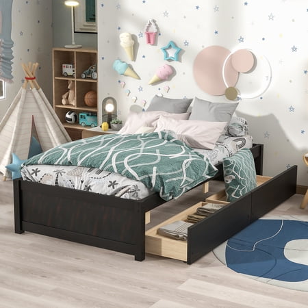 Bellemave Wooden Twin Size Bed Frame with Storage Drawers, Kids Single Bed, No Headboard, No Box Spring Needed (Espresso)
