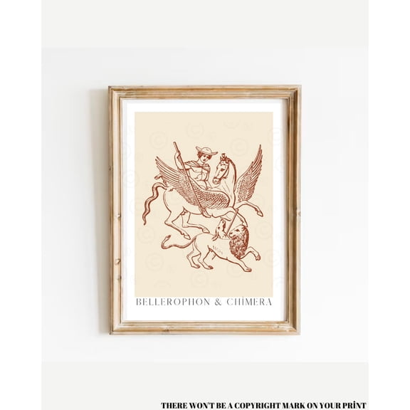 Bellerophon And Chimera, Greek Myth Poster, Mythological Art, Greek Mythology Wall Art, Mythalogical Creature, Hellenic Polytheism, Chimaera Wall Art, Modern Wall Decor, 8x12 UNFRAMED