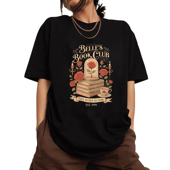 Belles Book Club Enchanted Rose Print Tshirt Black S-5XL Nostalgic Fairytale Graphic Tees Shirts Tops