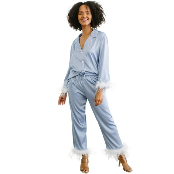 Belles Design Womens Feather Trim Silk Satin Pajama Button Down Long Sleeve and Pants Set Sleepwear Loungewear S To XXL