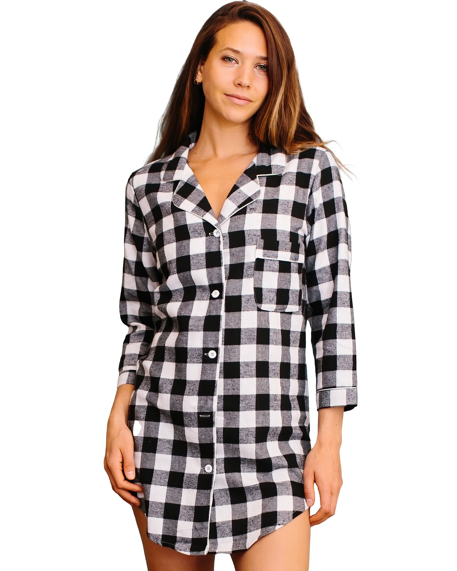 Belles Design Womens Long Sleeve Flannel Plaid Button Down Sleep Shirt