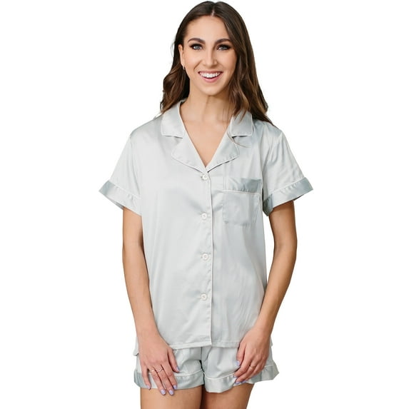 Belles Design Womens Short Sleeve Satin Silk Pajama Set Button Down 2 pieces Loungewear Sleepwear
