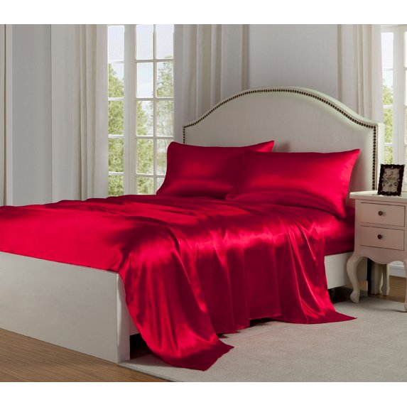 Belles & Whistles Satin Charmeuse Silky Sheet Set, Red, Queen