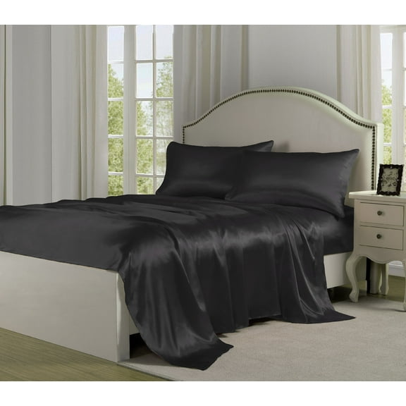 Belles & Whistles Satin 4 Piece Sheet Set, King, Black