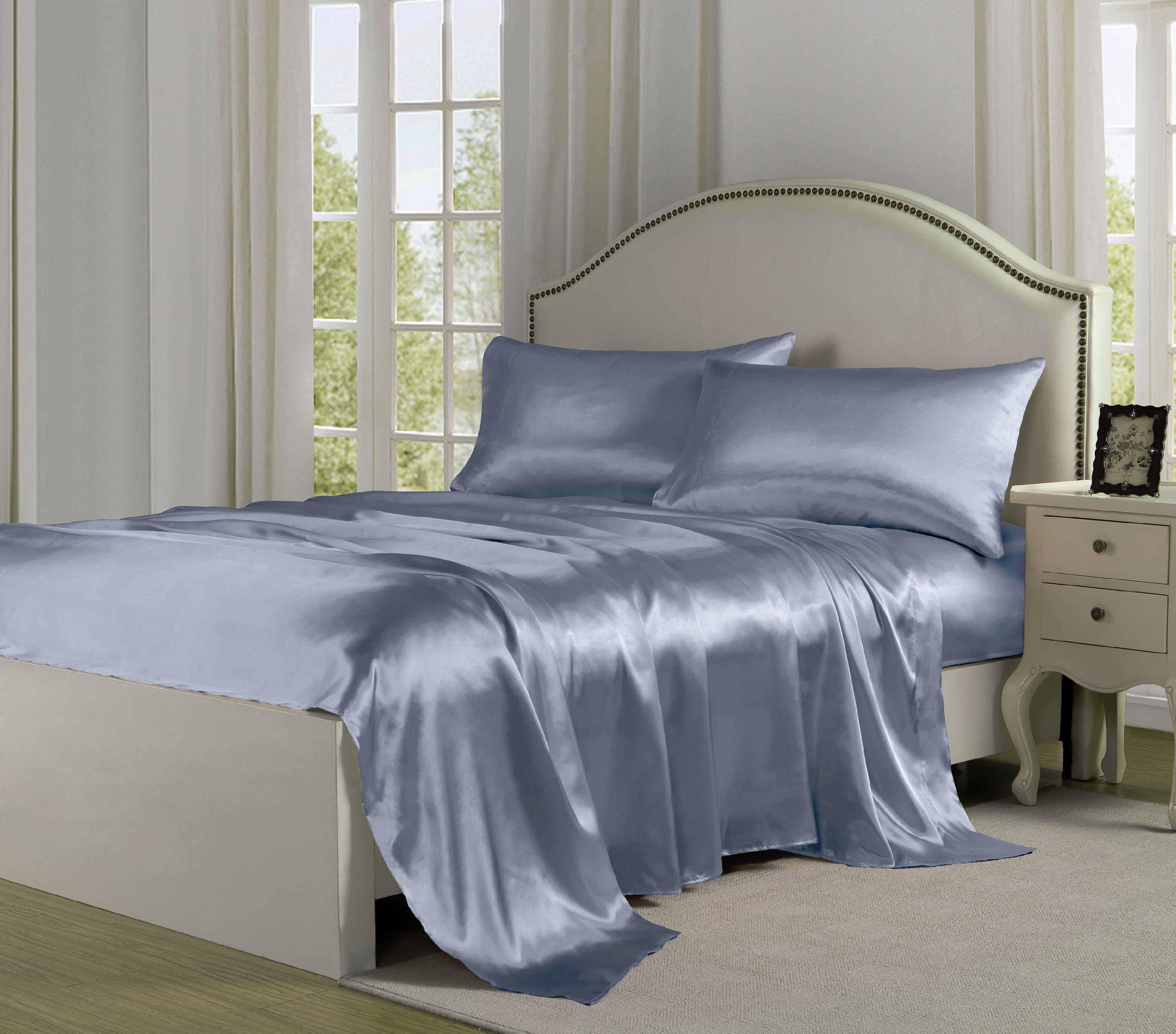 Queen Silver Satin Charmeuse Sheet Set with Pillowcases