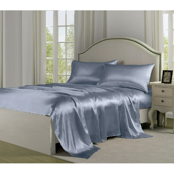 Belles & Whistles Satin Charmeuse Silky Sheet Set, Silver, Queen