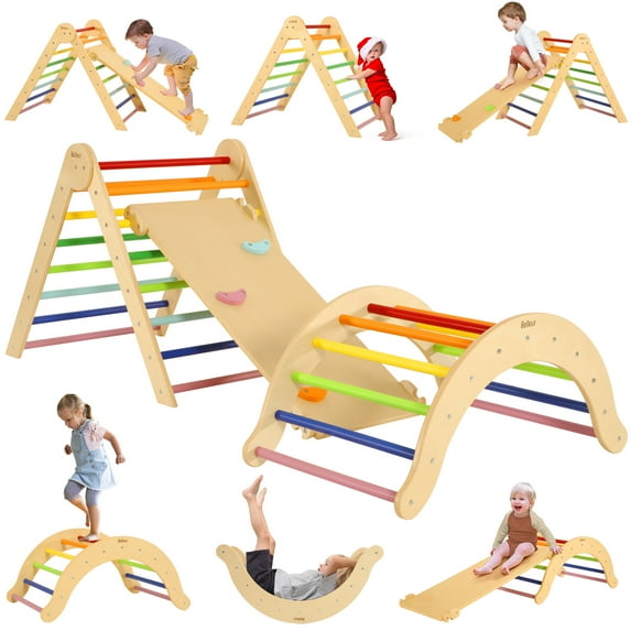 Belleur 7 in 1 Foldable Wood Pikler Triangle Set for Kids 1-6 Year old - Rainbow