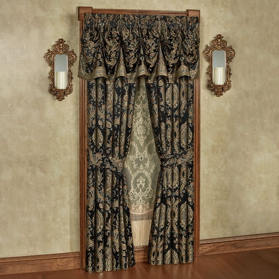 Bellevue Jacquard Woven Window Treatment, Black Tuck Valance, Wide 84L Curtains Set