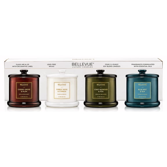 Bellevue Luxury Candles 11 oz Soy Blend Scented Glass Candle Set, 4 Count