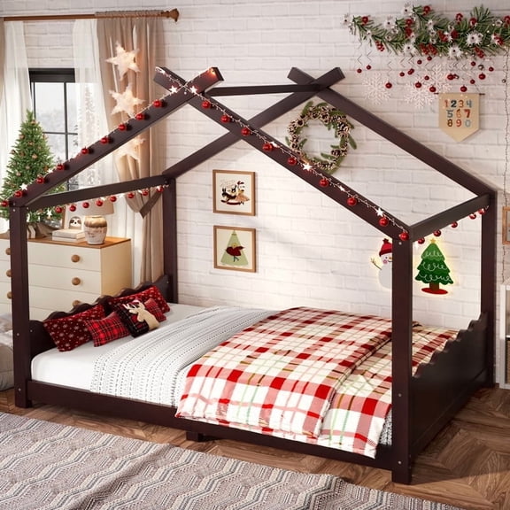 Bellemave Full House Floor Bed with Support Slats, Solid Wood Bed Frame with Opening Structure & Low Profile Design, No Box Spring Needed for Modern Bedroom & Small Spaces, Espresso