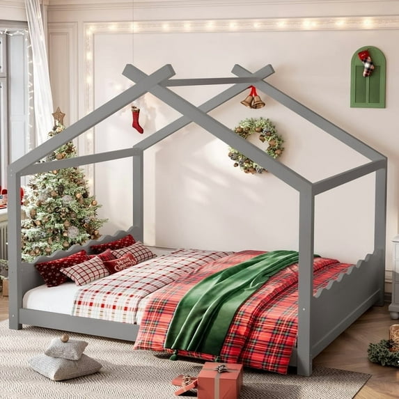 Bellemave Queen House Floor Bed with Support Slats, Solid Wood Bed Frame with Opening Structure & Low Profile Design, No Box Spring Needed for Modern Bedroom & Small Spaces, Gray