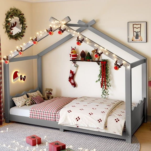 Bellemave Twin House Floor Bed with Support Slats, Solid Wood Bed Frame with Opening Structure & Low Profile Design, No Box Spring Needed for Modern Bedroom & Small Spaces, Gray