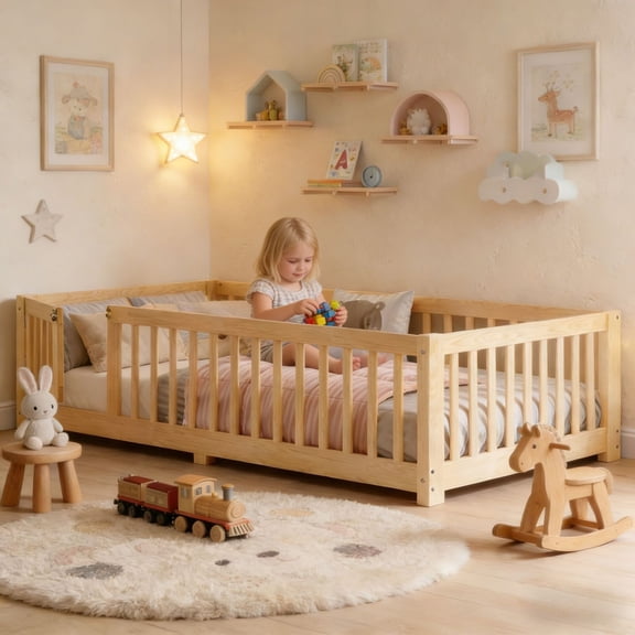 Bellemave Twin Size Floor Bed with Safety Guardrails, Solid Wood Montessori Floor Bed with Slats, Low-Profile Design with Bedroom Door Feature for Modern Spaces, Natural