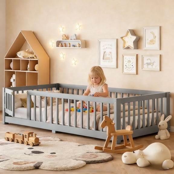 Bellemave Twin Size Floor Bed with Safety Guardrails, Solid Wood Montessori Floor Bed with Slats, Low-Profile Design with Bedroom Door Feature for Modern Spaces, Gray