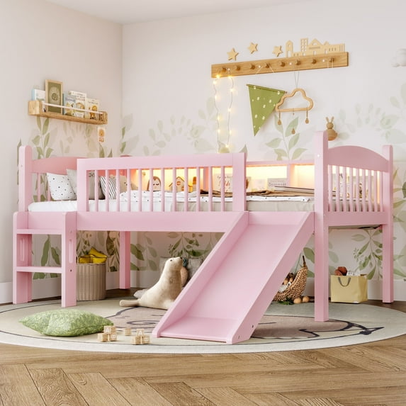 Bellemave Twin XL Loft Bed with Storage Shelves, LED Lights, Full-Length Guardrails, Solid Wood Frame, No Box Spring Needed, Available in Pink
