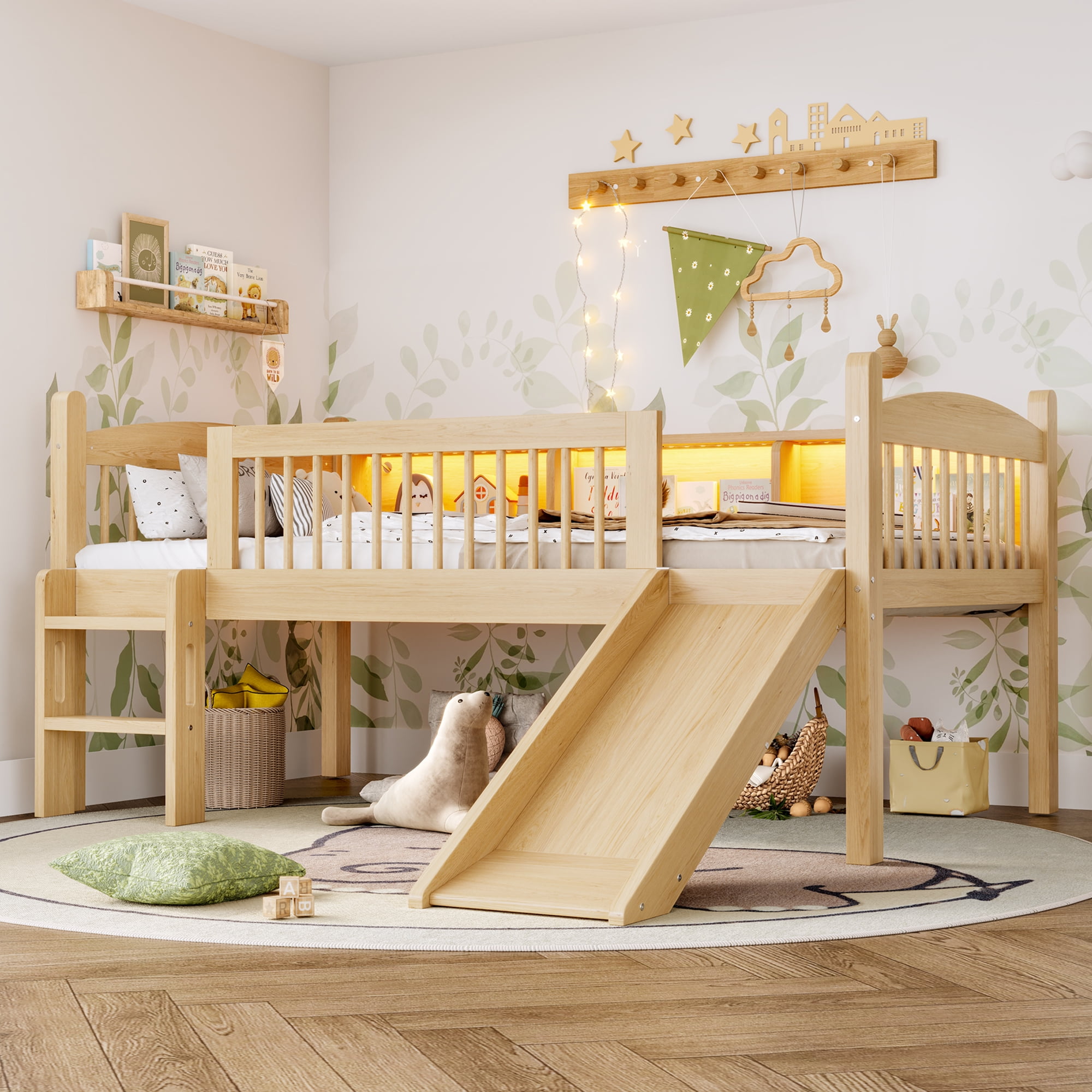 Bellewave Twin XL Loft Bed with Storage Shelves, LED Lights, Full ...