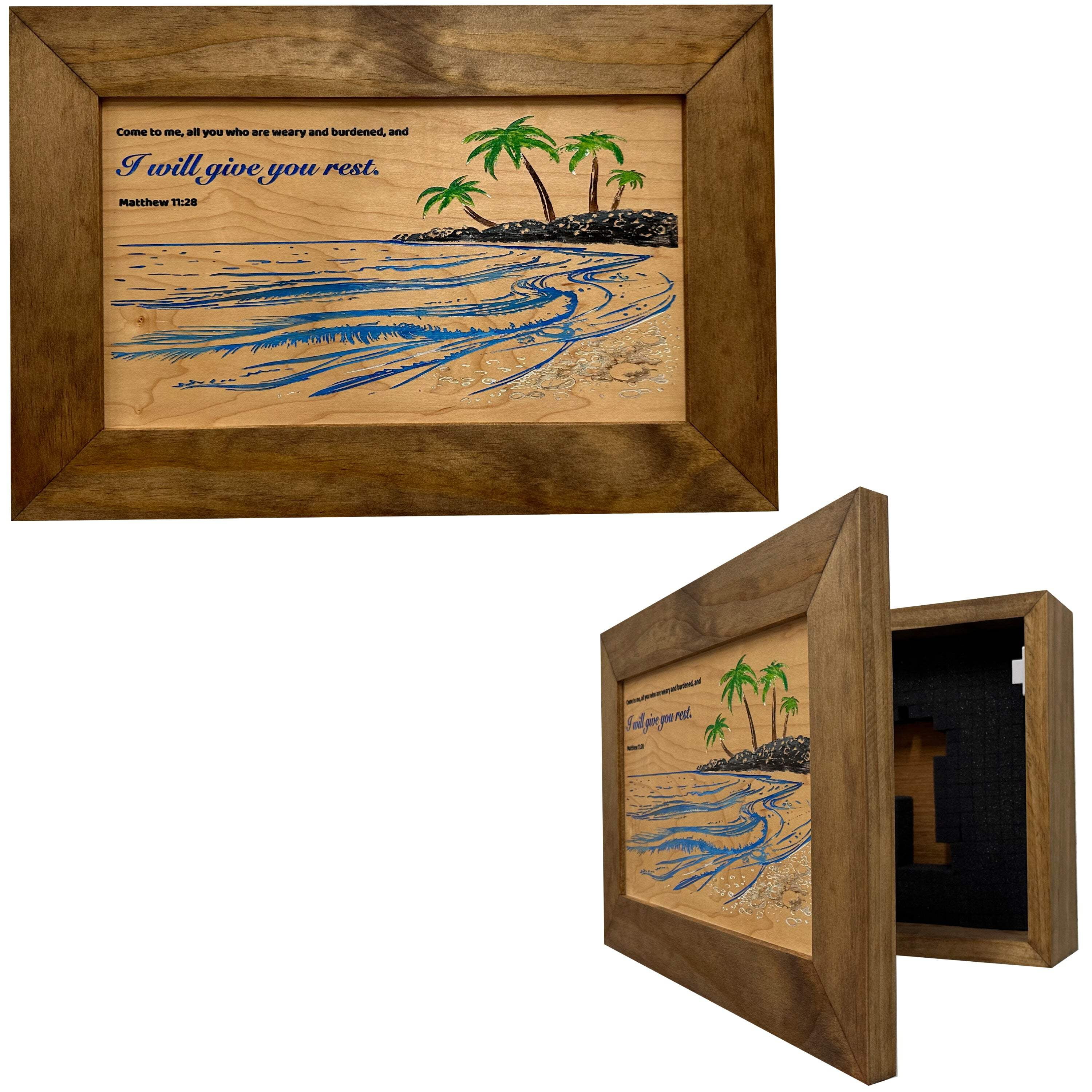 Bellewood Designs Bible Verse Decorative  Secure Wall-Mounted Gun Cabinet - Matthew 11:28 and Coastal Scene