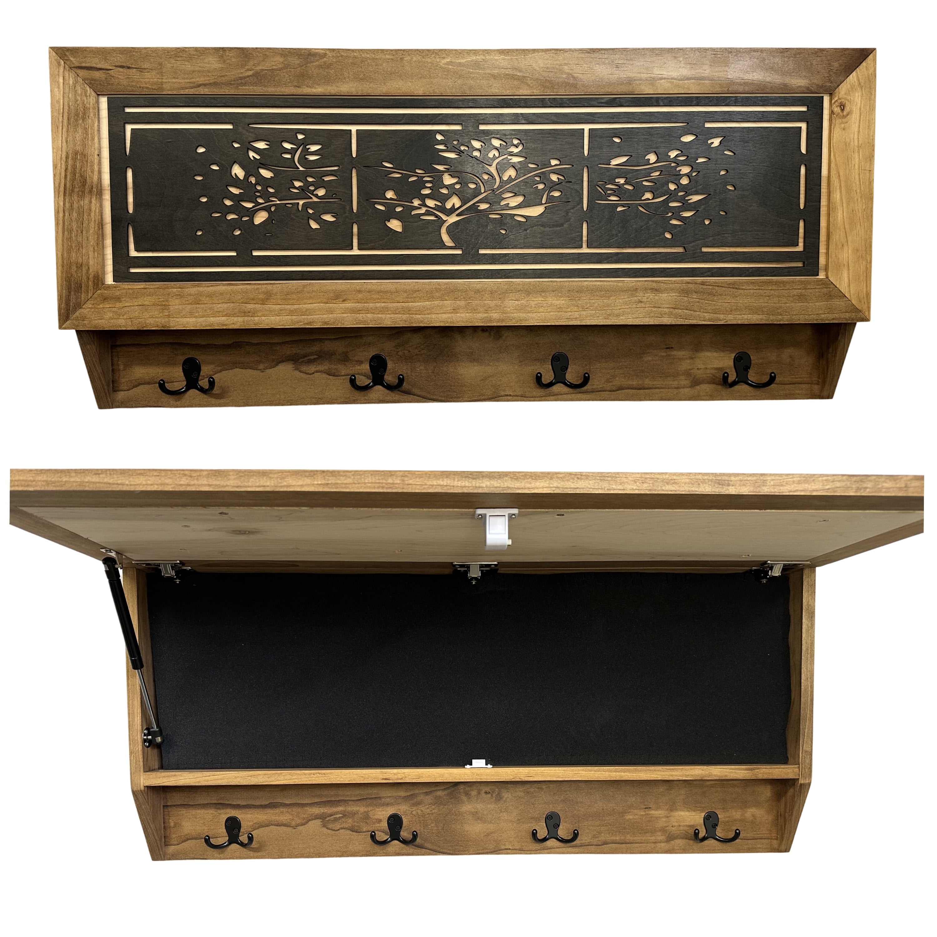 Bellewood Designs Coat Rack Hidden Gun Cabinet, Tree of Life Design Hat Rack, Key Rack Concealment Furniture