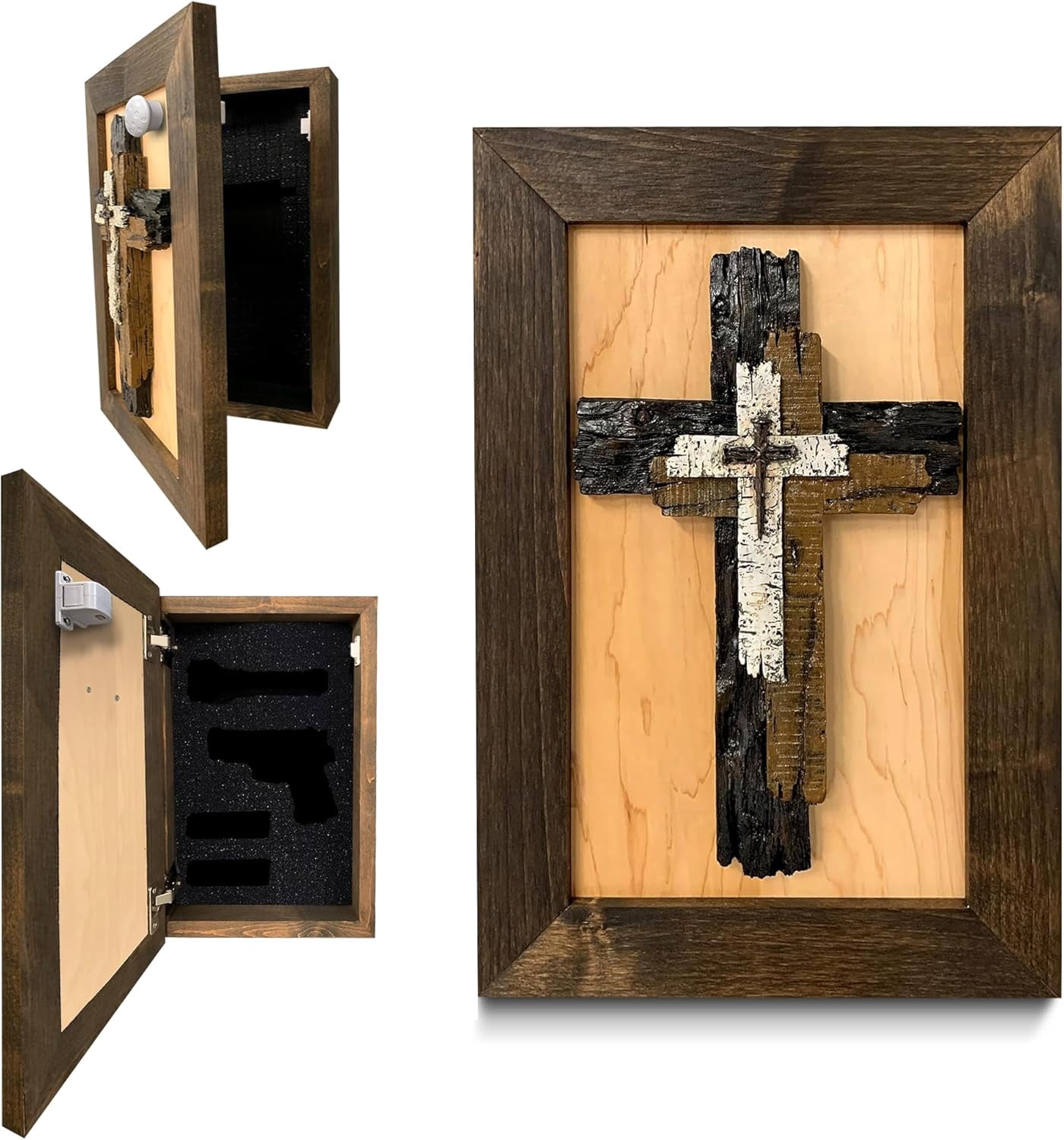 Bellewood Designs Hidden Gun Cabinet Three Layered Cross 2-3 Guns Wood Wall Mount 18" x 13" x 4"