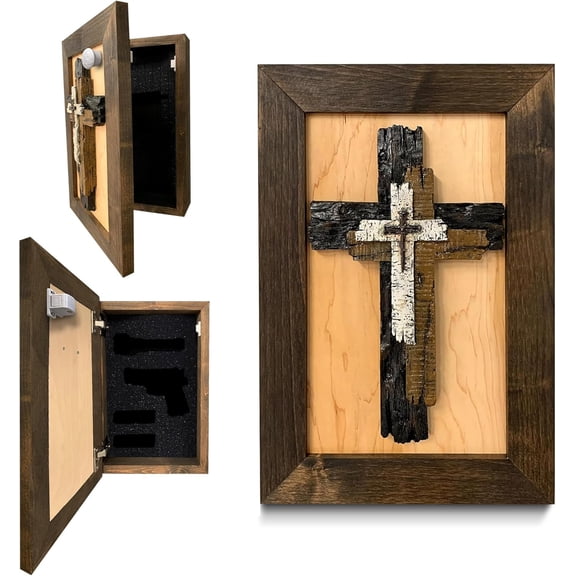 Bellewood Designs Hidden Gun Cabinet Three Layered Cross 2-3 Guns Wood Wall Mount 18" x 13" x 4"