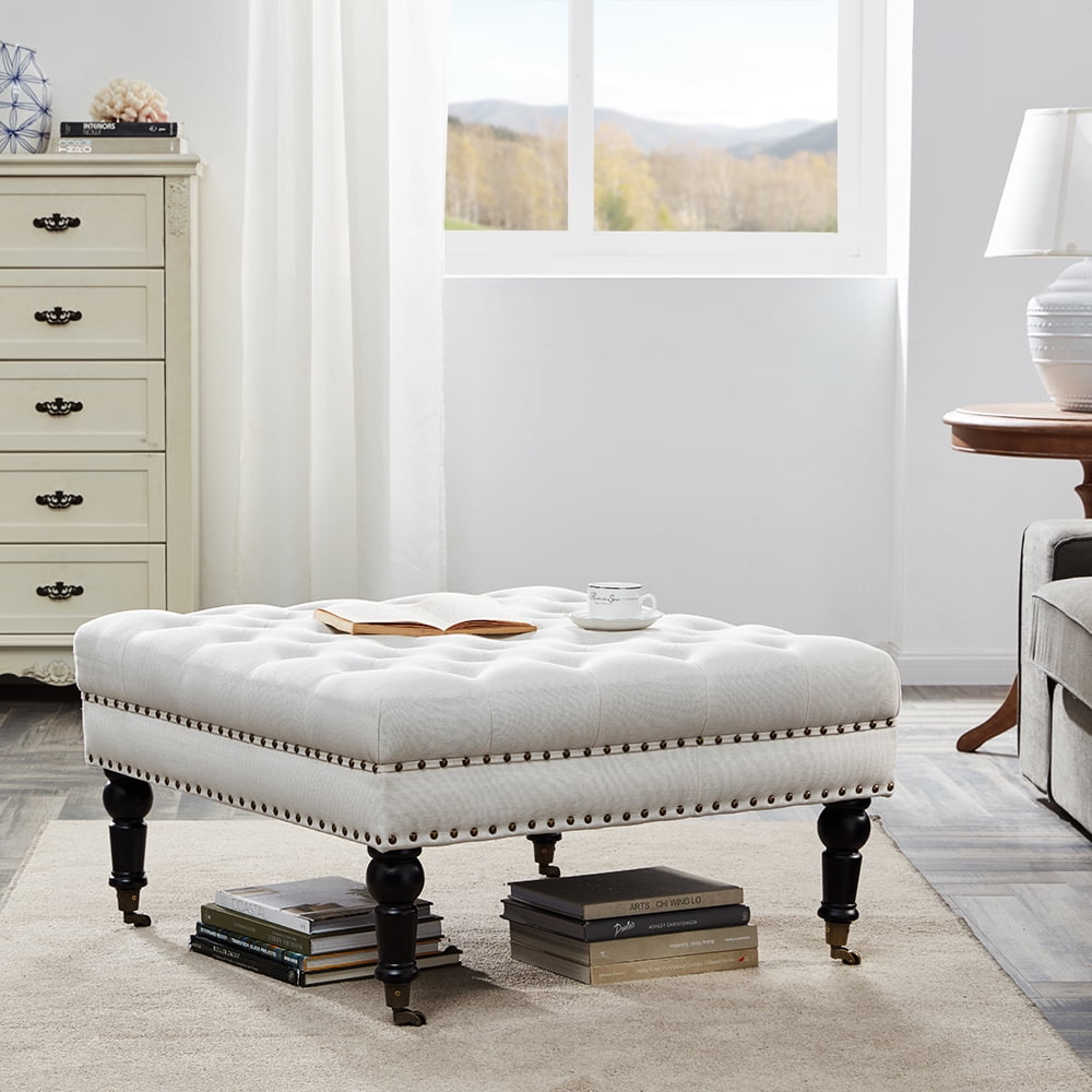 Beige Tufted Linen Square Footstool with Hardwood Frame