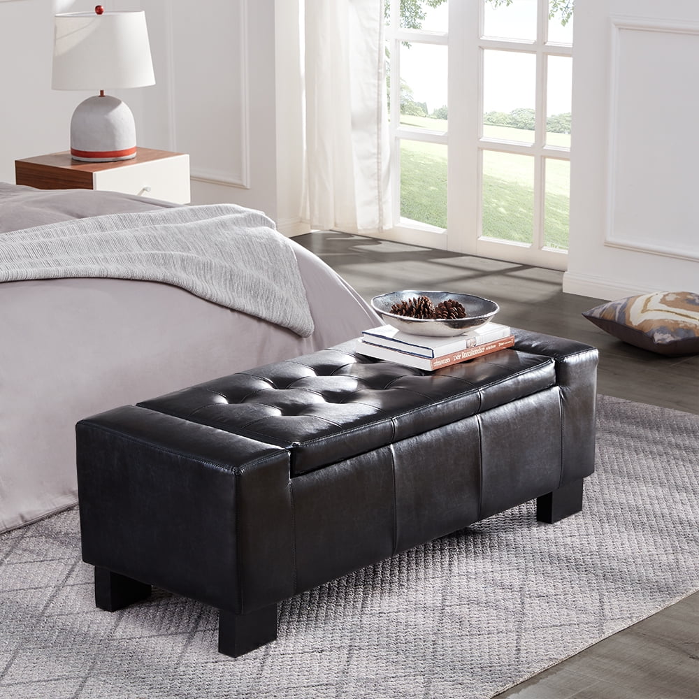 Belleze 50" Storage Ottoman Bench Black Faux Leather Large Rectangular