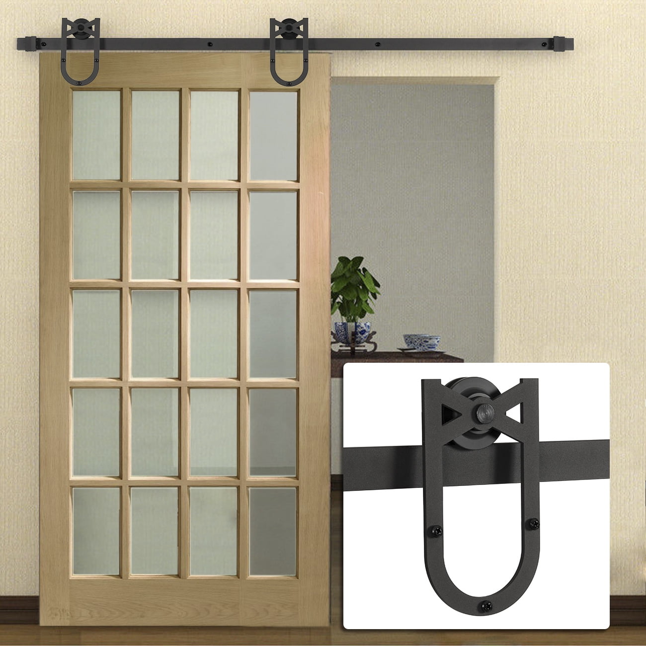 Belleze 6-FT Antique Country American Barn Wood Steel Sliding Door Style, (Frosted Black)