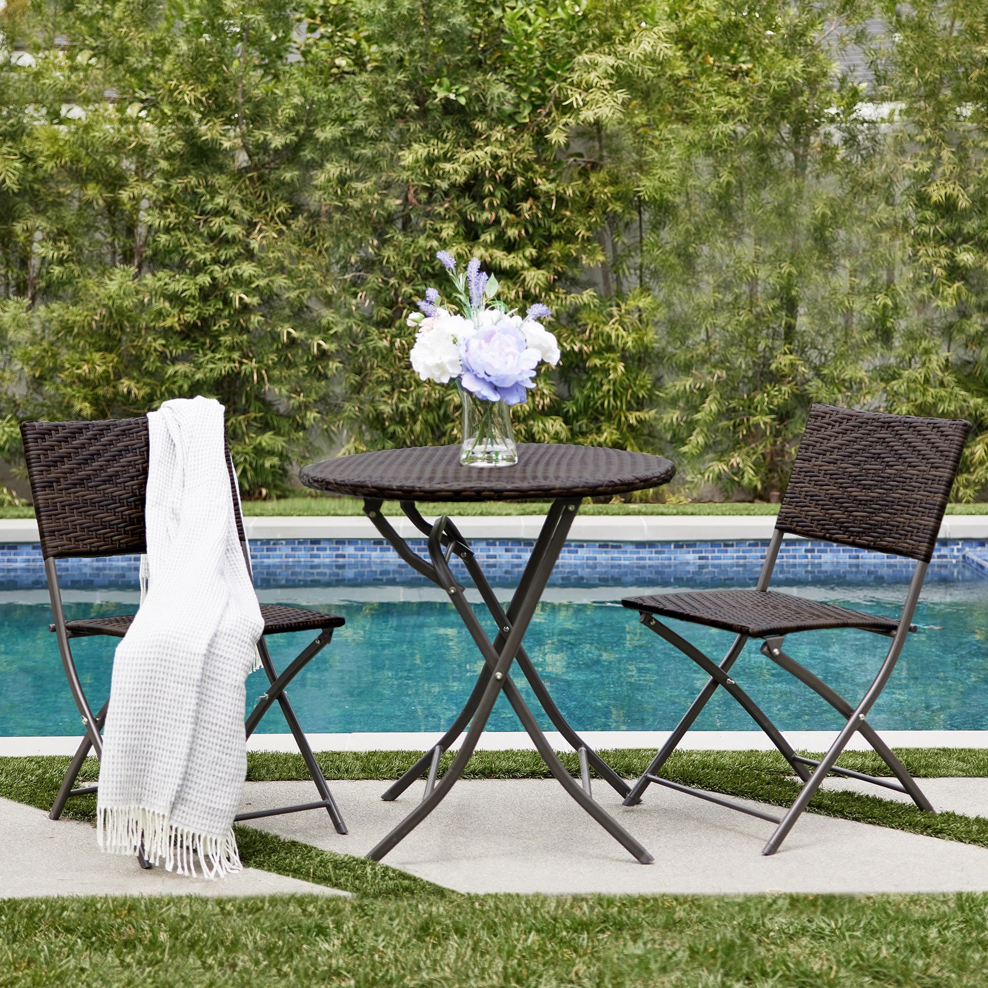 Belleze Folding Table Chair Bistro Set Rattan Wicker Outdoor Furniture Seats Resin 3 PC