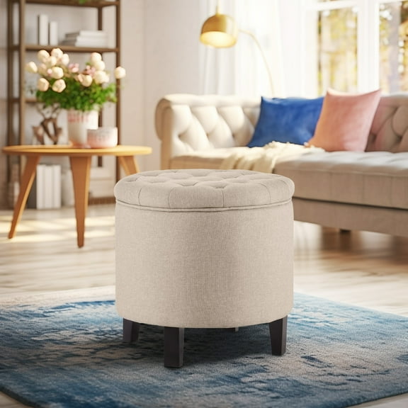 Belleze Modern Button Tufted Accent Storage Ottoman Lift Top 17-3/4" Round, Beige