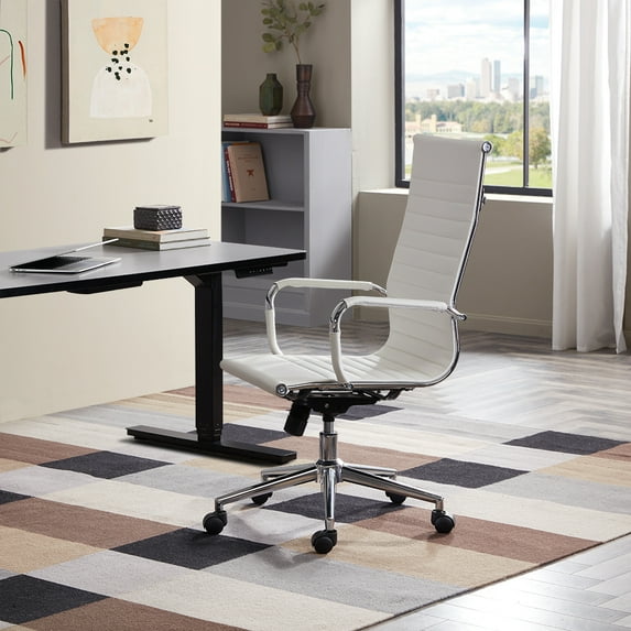 Belleze Modern High-Back Ribbed Upholstered Conference Office Chair, White