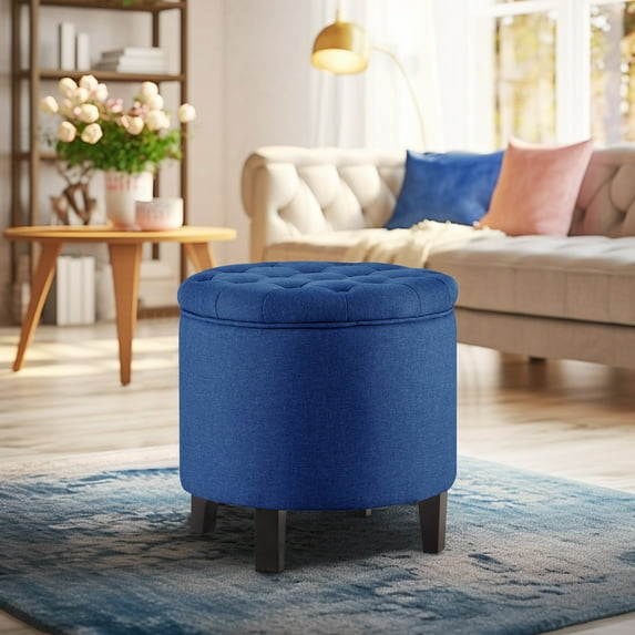 Belleze Nailhead Round Tufted Storage Ottoman Large Footrest Stool Coffee Table Lift Top, Blue